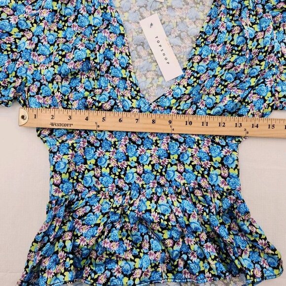 TOPSHOP WOMENS SIZE 4 FLORAL SATIN PELUM TOP IN MID BLUE - Picture 5 of 6